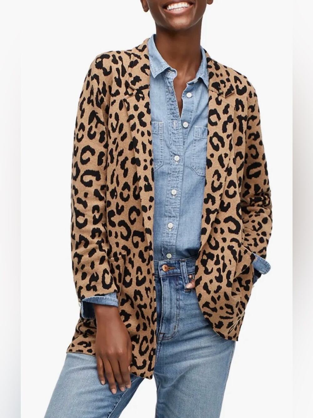 J.Crew Sophie Leopard Print Open Front Sweater Blazer Large